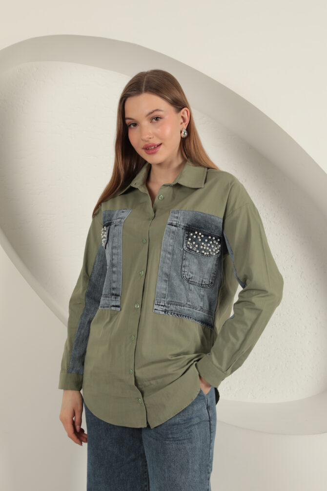 Poplin Kumaş Kot Garnili Gömlek - Haki Yeşili - Görsel 4