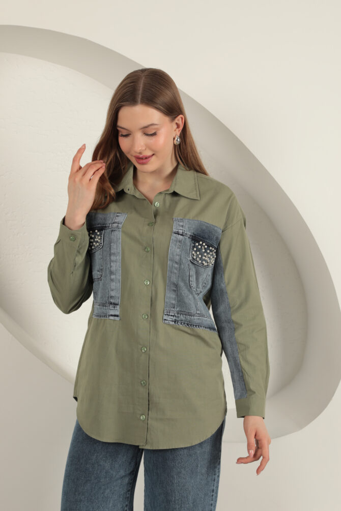 Poplin Kumaş Kot Garnili Gömlek - Haki Yeşili - Görsel 6