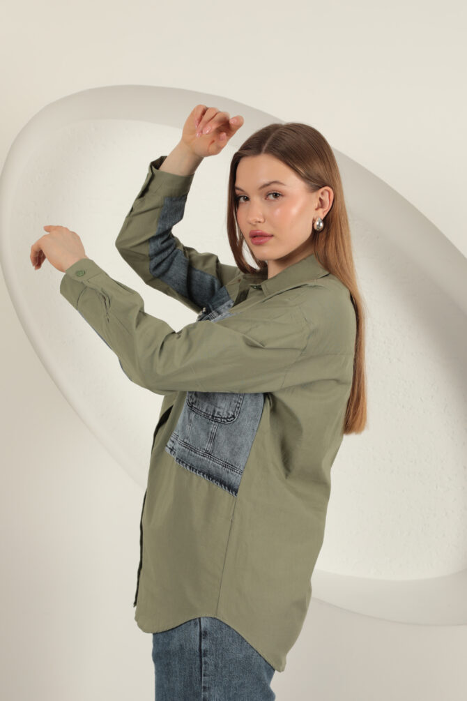 Poplin Kumaş Kot Garnili Gömlek - Haki Yeşili - Görsel 7
