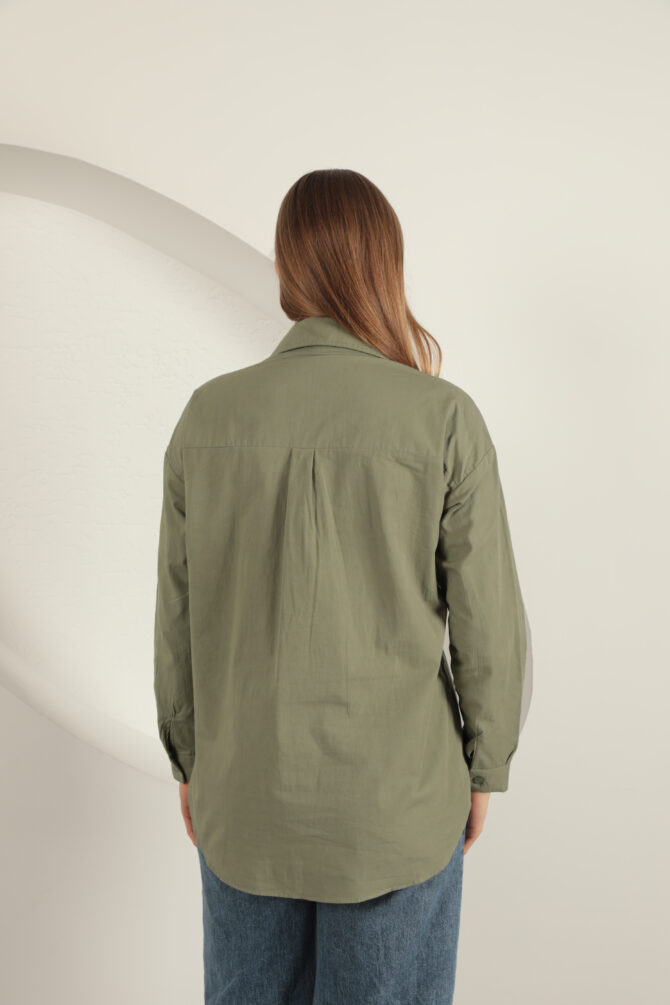 Poplin Kumaş Kot Garnili Gömlek - Haki Yeşili - Görsel 8