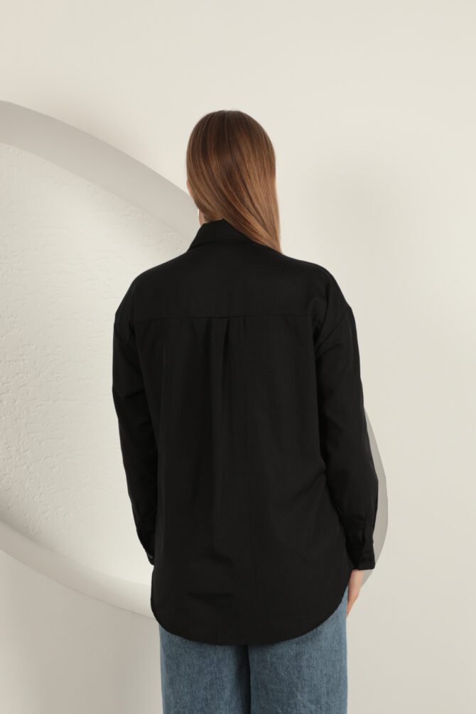 Poplin Kumaş Kot Garnili Gömlek - Siyah - Görsel 7