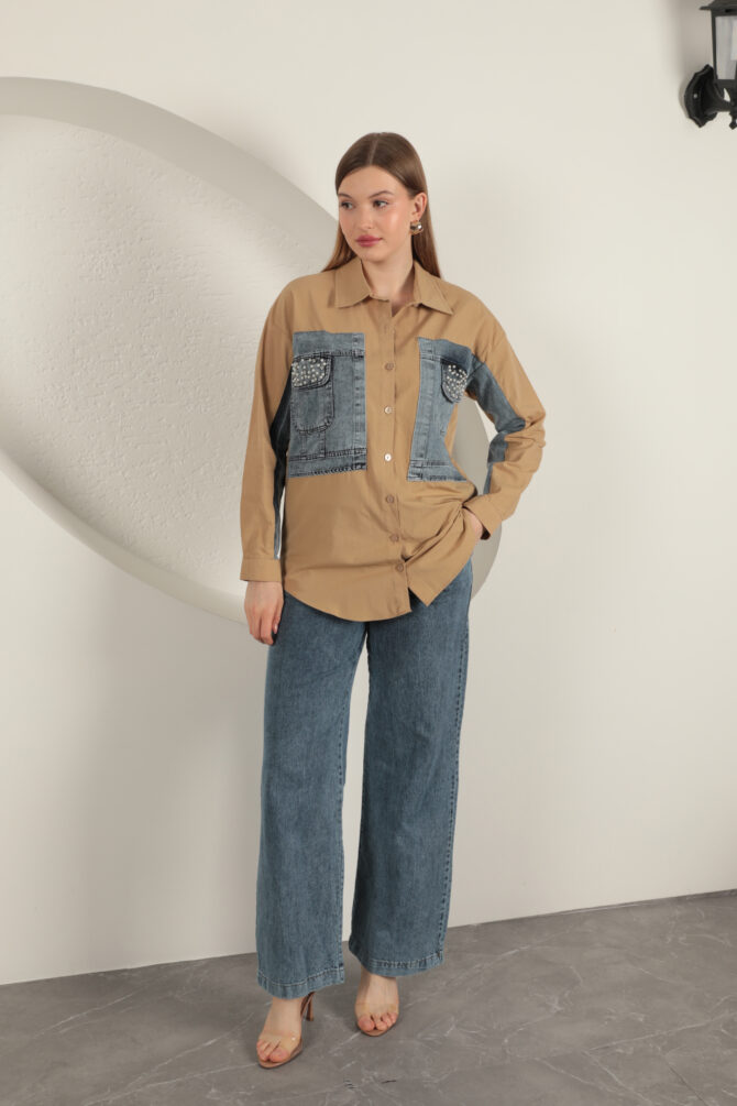 Poplin Kumaş Kot Garnili Gömlek - Taba - Görsel 3