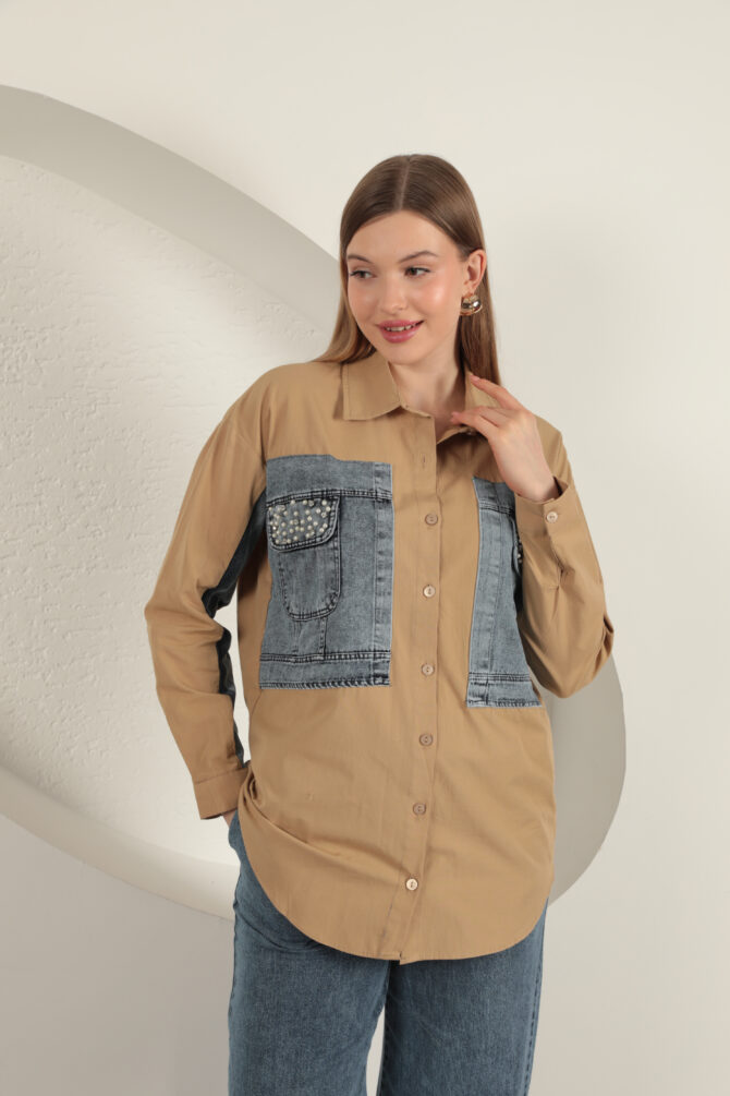 Poplin Kumaş Kot Garnili Gömlek - Taba - Görsel 6
