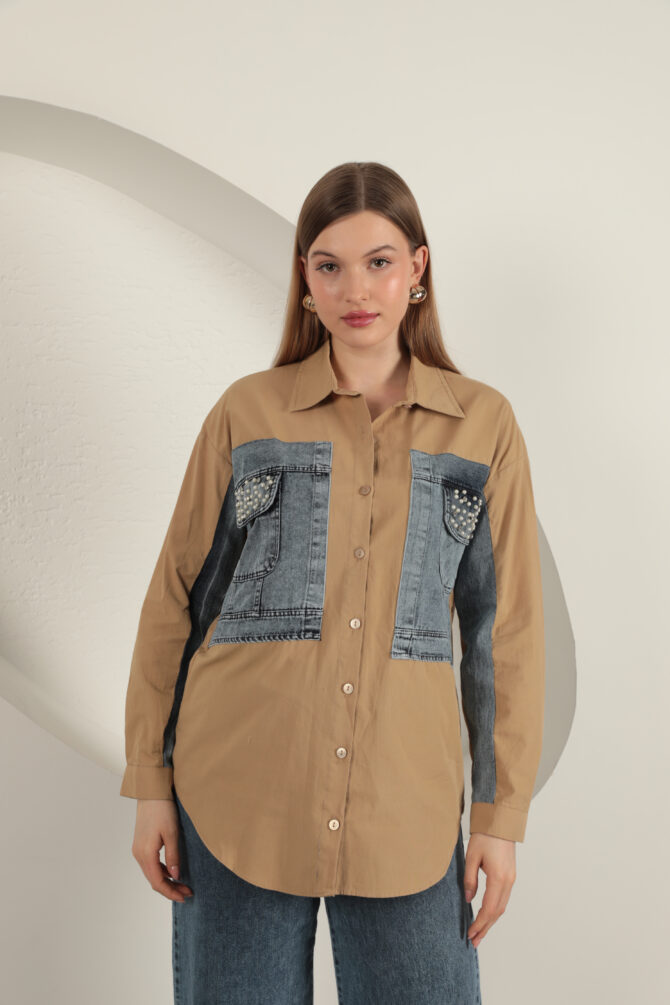 Poplin Kumaş Kot Garnili Gömlek - Taba - Görsel 7