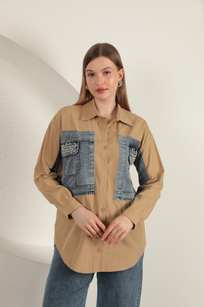 Poplin Kumaş Kot Garnili Gömlek - Taba - Görsel 5
