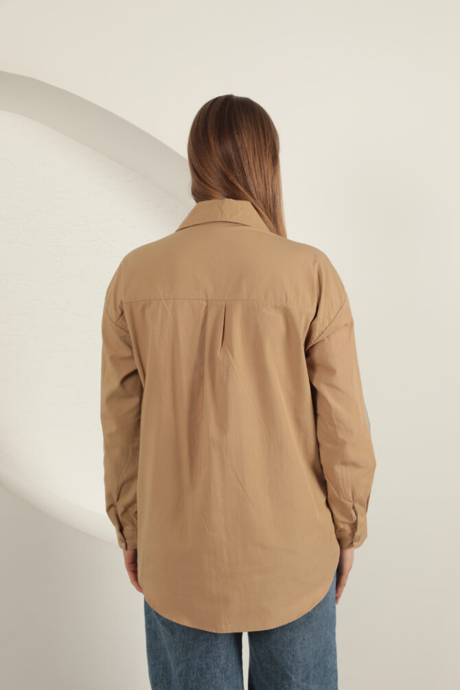 Poplin Kumaş Kot Garnili Gömlek - Taba - Görsel 9