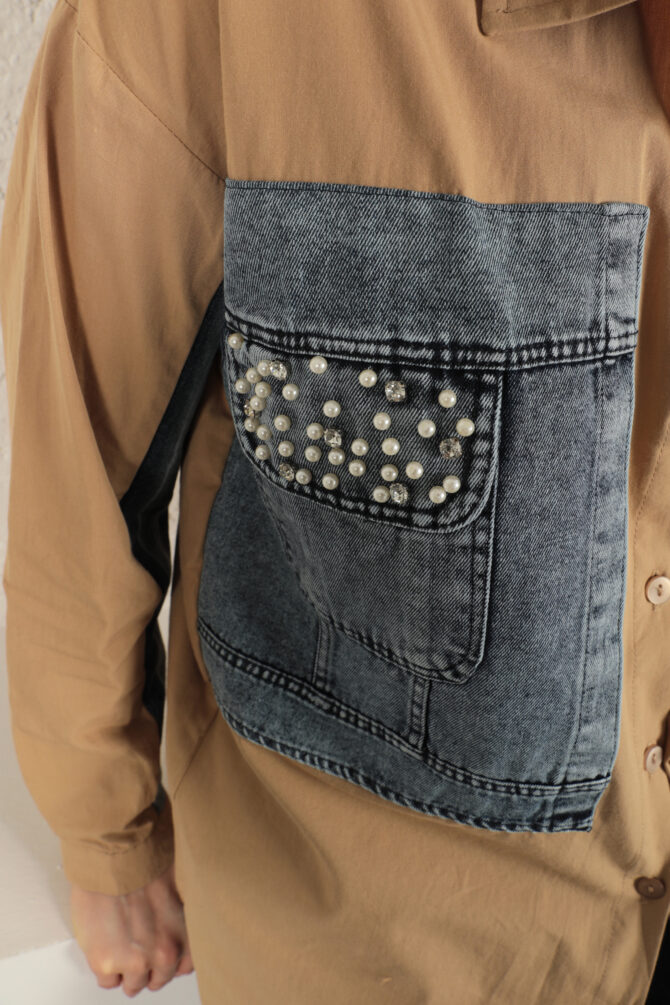 Poplin Kumaş Kot Garnili Gömlek - Taba - Görsel 8