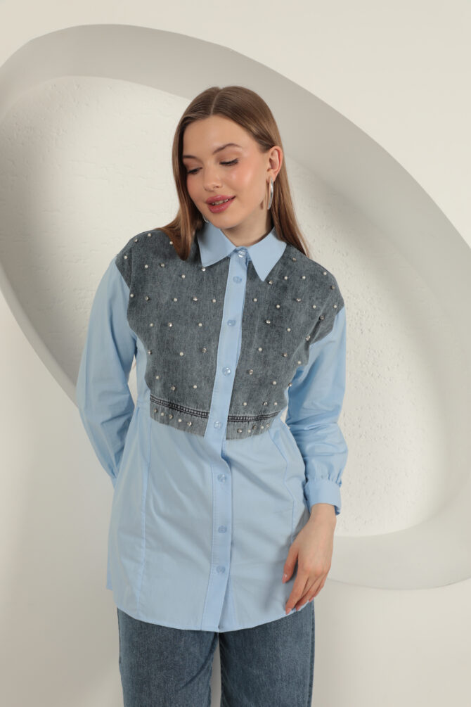 Poplin Kumaş Önü İnci Detaylı Gömlek - Mavi - Görsel 12