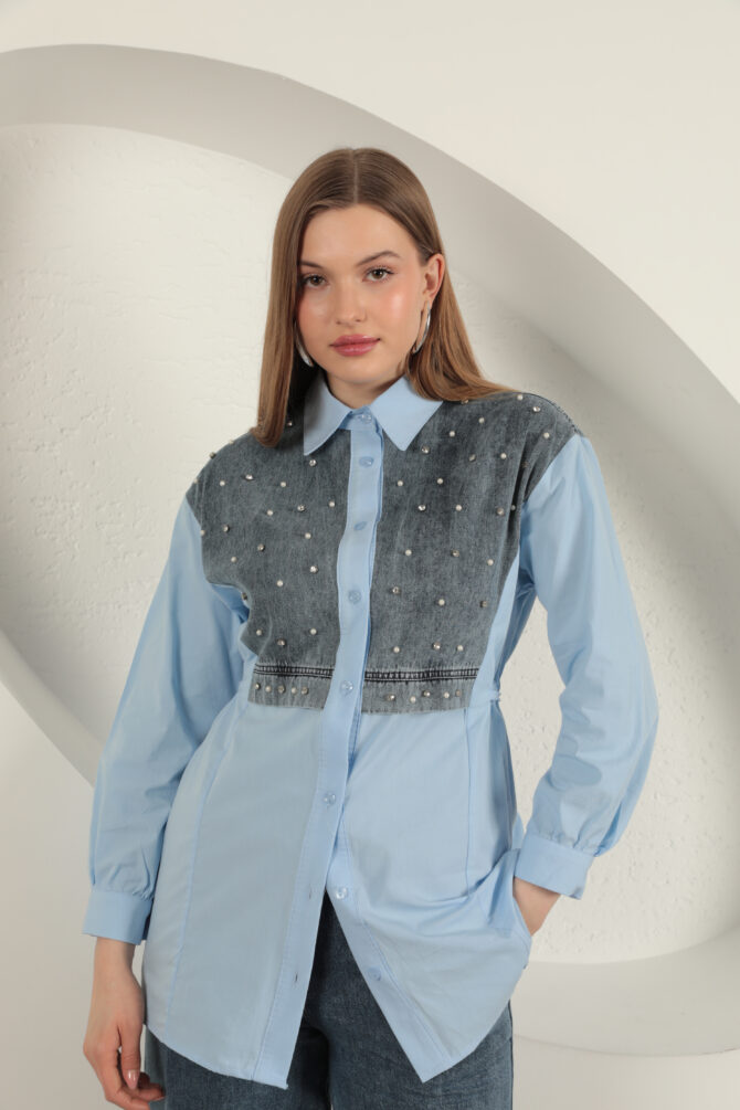 Poplin Kumaş Önü İnci Detaylı Gömlek - Mavi - Görsel 10