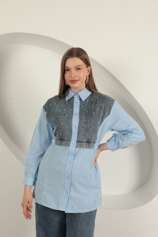 Poplin Kumaş Önü İnci Detaylı Gömlek - Mavi - Görsel 9