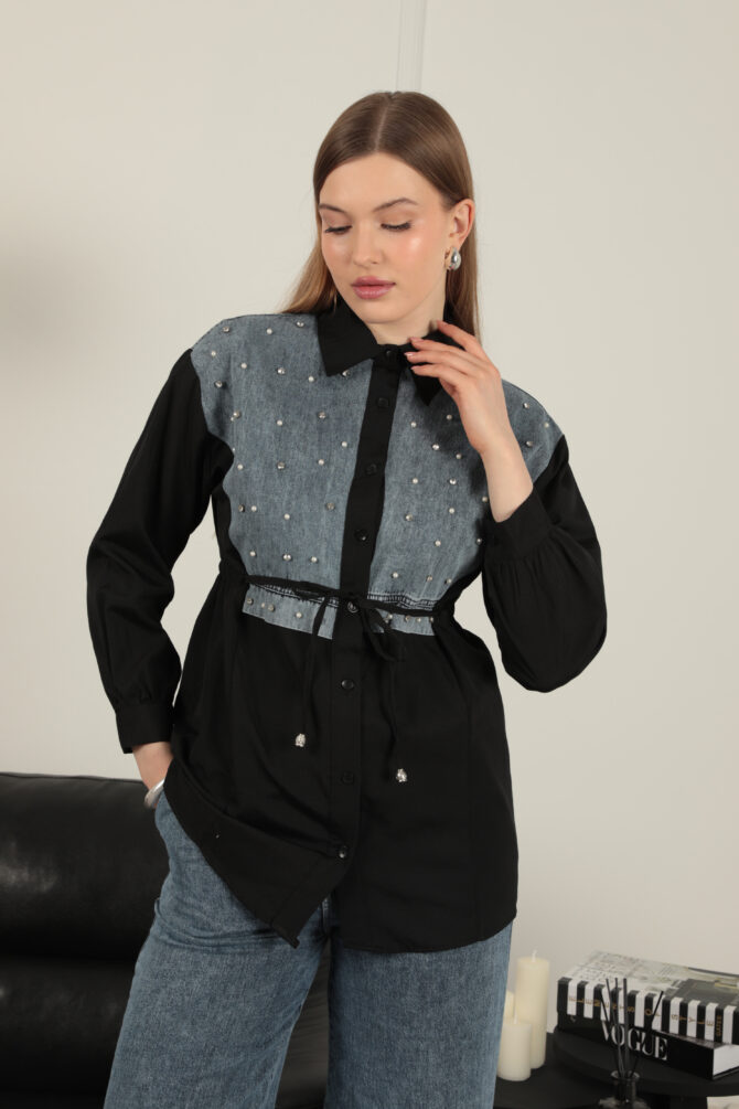Poplin Kumaş Önü İnci Detaylı Gömlek - Siyah - Görsel 10