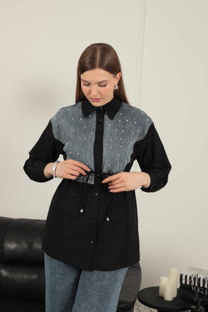 Poplin Kumaş Önü İnci Detaylı Gömlek - Siyah - Görsel 12