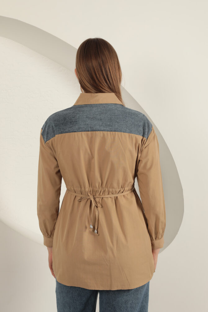 Poplin Kumaş Önü İnci Detaylı Gömlek - Taba - Görsel 7