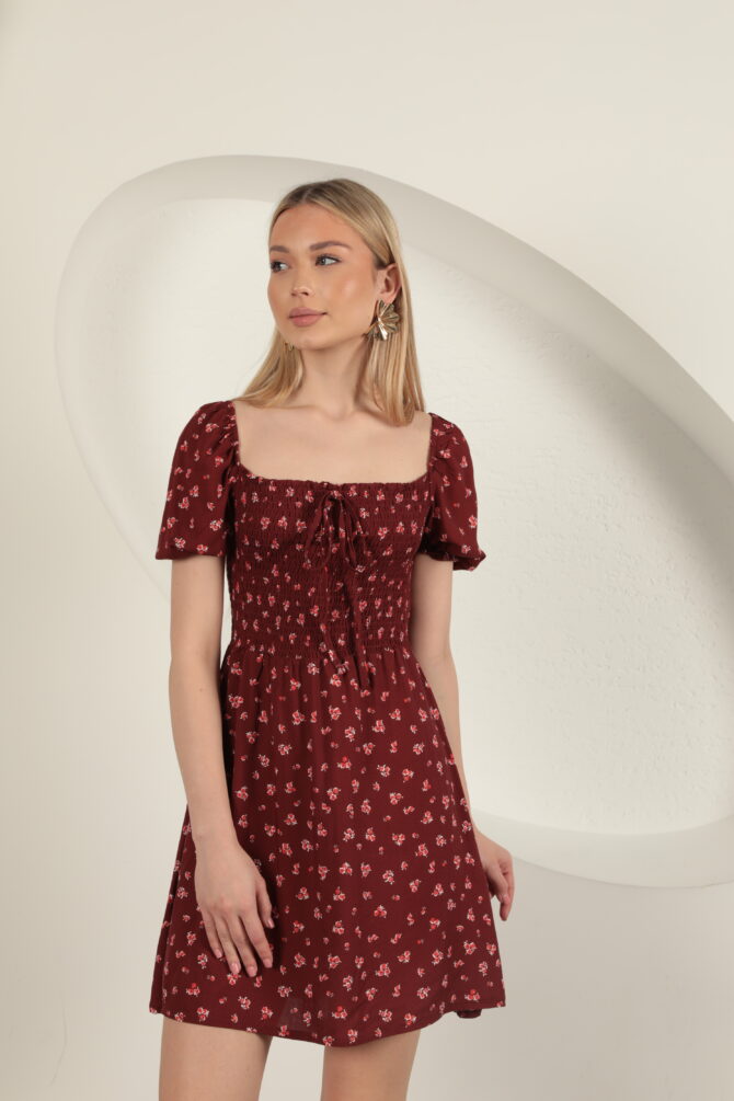 Sırtı Bağlamalı Çiçek Desen Elbise - Bordo - Görsel 6