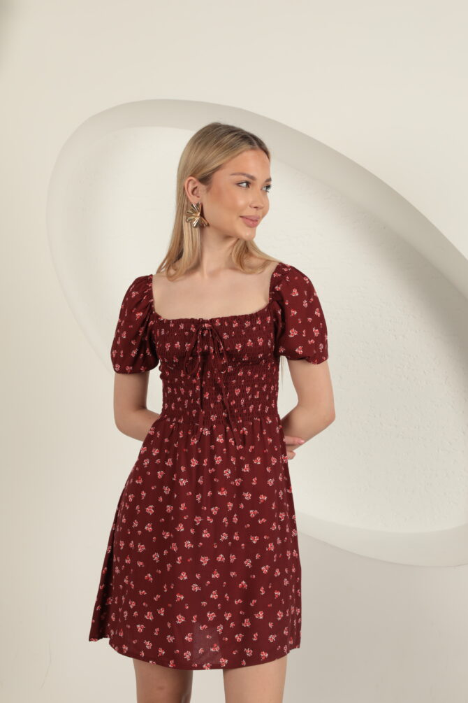 Sırtı Bağlamalı Çiçek Desen Elbise - Bordo - Görsel 5