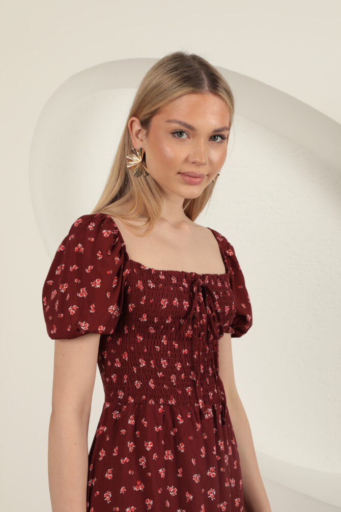 Sırtı Bağlamalı Çiçek Desen Elbise - Bordo - Görsel 8