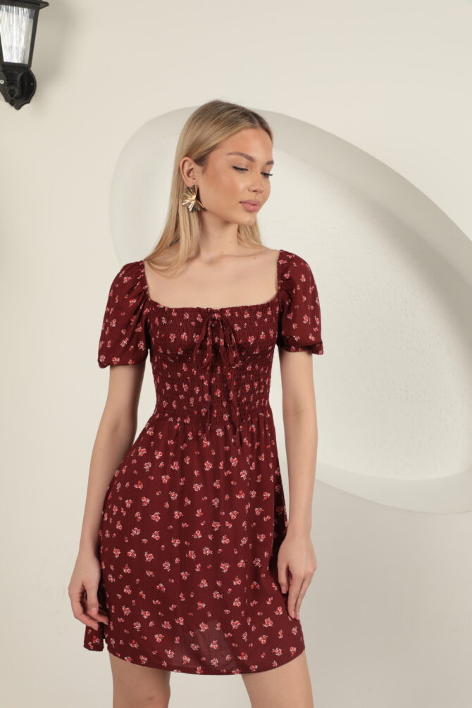 Sırtı Bağlamalı Çiçek Desen Elbise - Bordo - Görsel 7