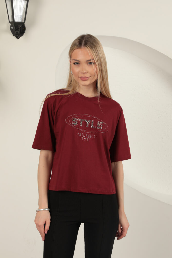 Süprem Kumaş Taş Detaylı Tişört - Bordo - Görsel 6