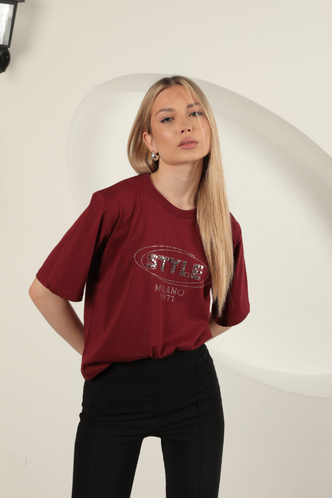 Süprem Kumaş Taş Detaylı Tişört - Bordo - Görsel 13