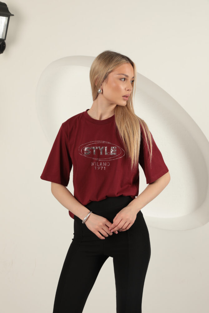 Süprem Kumaş Taş Detaylı Tişört - Bordo - Görsel 3