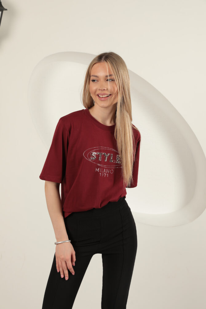 Süprem Kumaş Taş Detaylı Tişört - Bordo - Görsel 4