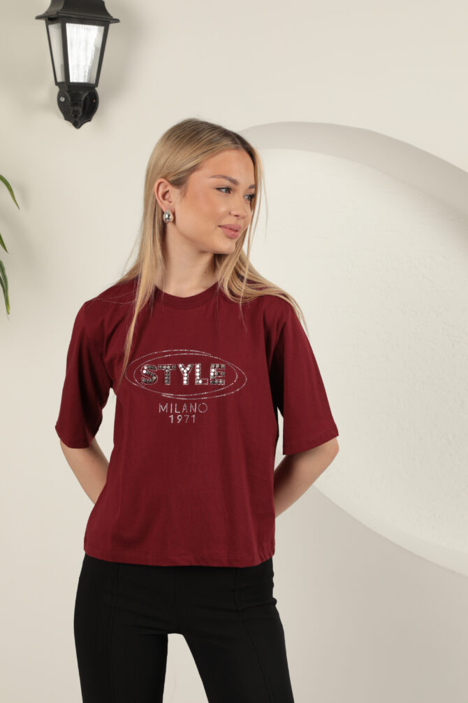 Süprem Kumaş Taş Detaylı Tişört - Bordo - Görsel 7