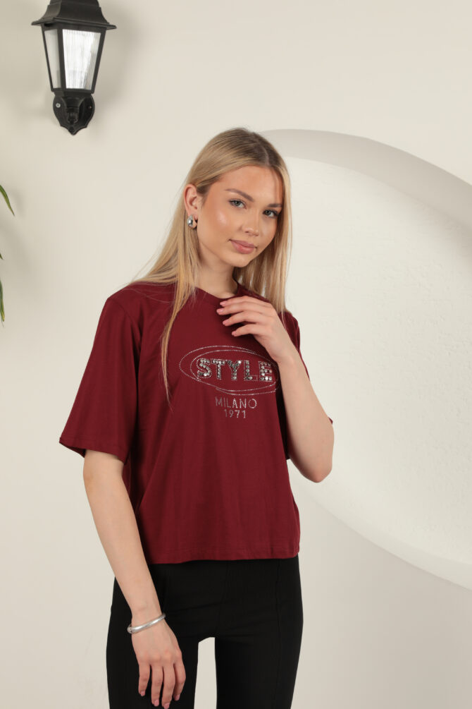 Süprem Kumaş Taş Detaylı Tişört - Bordo - Görsel 8