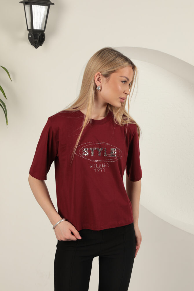 Süprem Kumaş Taş Detaylı Tişört - Bordo - Görsel 9