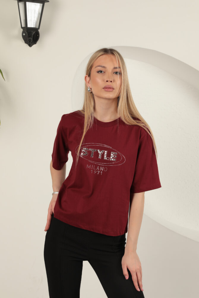 Süprem Kumaş Taş Detaylı Tişört - Bordo - Görsel 5