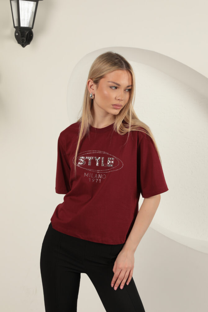 Süprem Kumaş Taş Detaylı Tişört - Bordo - Görsel 10