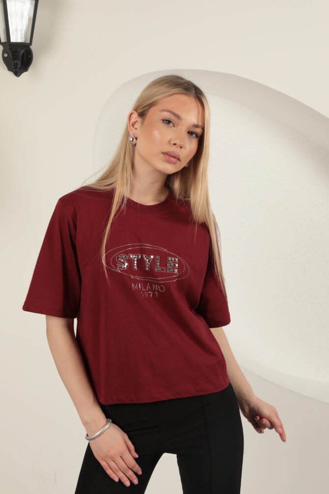 Süprem Kumaş Taş Detaylı Tişört - Bordo - Görsel 11