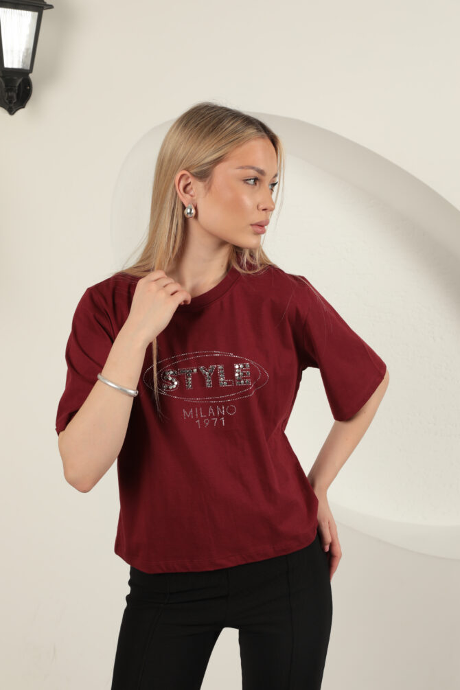 Süprem Kumaş Taş Detaylı Tişört - Bordo - Görsel 12
