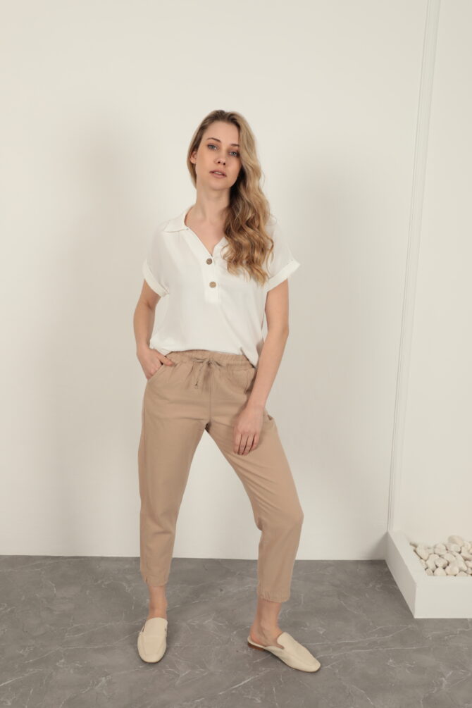 Keten Kumaş Püsküllü Paça Pantolon - Bej - Görsel 3