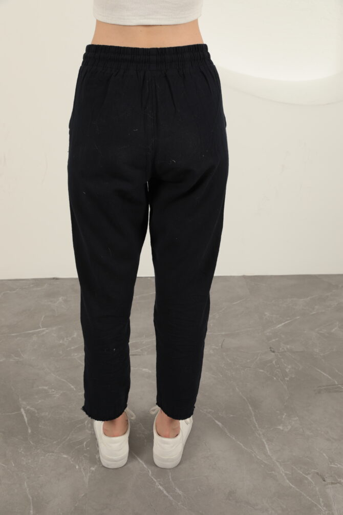 Keten Kumaş Püsküllü Paça Pantolon - Lacivert - Görsel 8