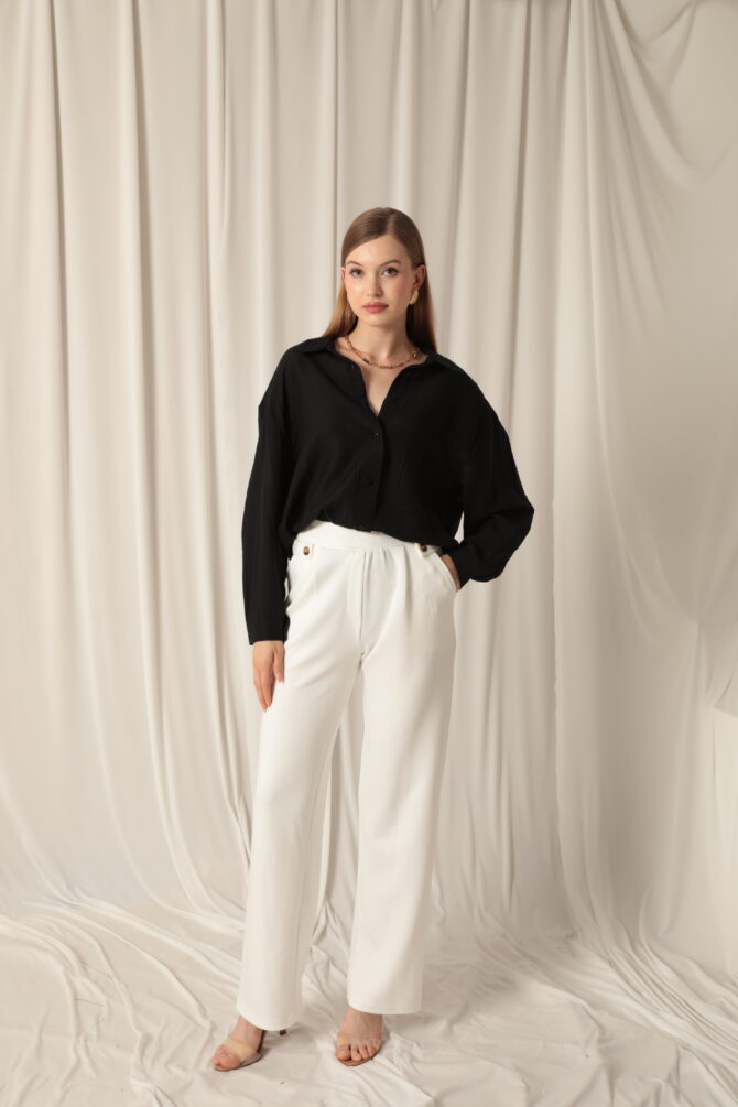 Modal Kumaş Yanları Düğmeli Pantolon - Ekru