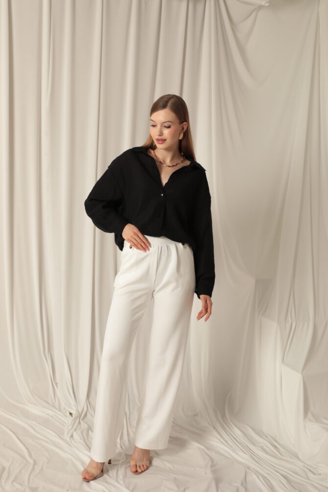 Modal Kumaş Yanları Düğmeli Pantolon - Ekru - Görsel 3