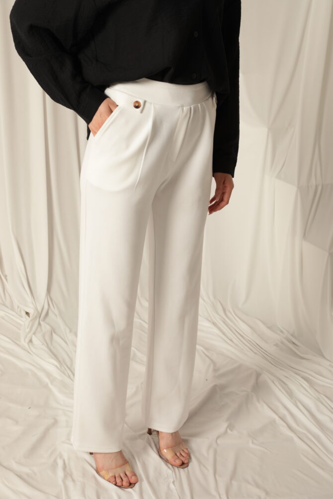 Modal Kumaş Yanları Düğmeli Pantolon - Ekru - Görsel 8
