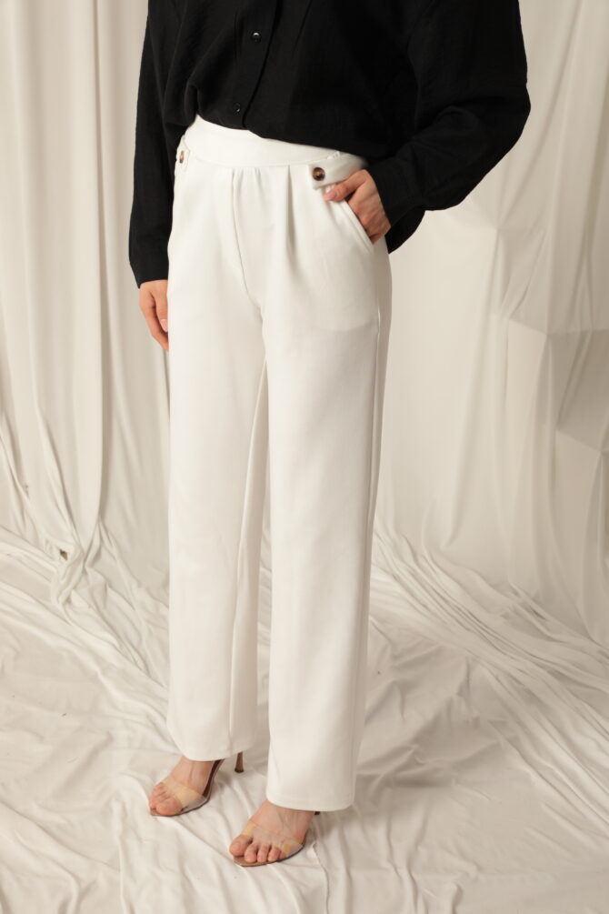 Modal Kumaş Yanları Düğmeli Pantolon - Ekru - Görsel 9