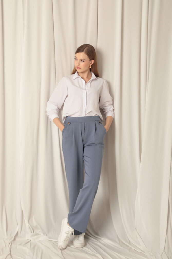 Modal Kumaş Yanları Düğmeli Pantolon - İndigo - Görsel 3