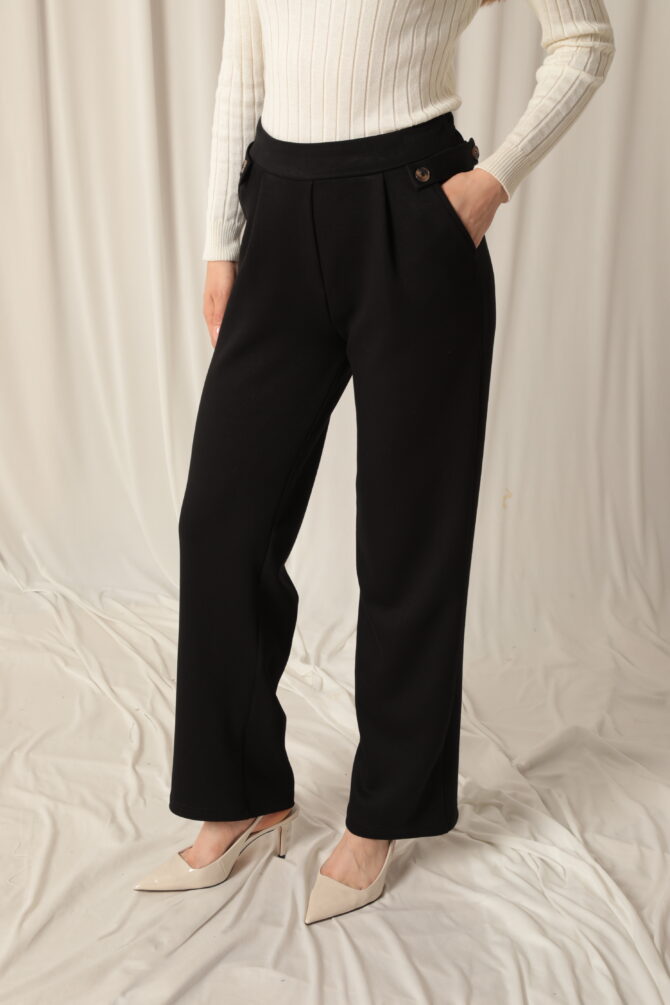 Modal Kumaş Yanları Düğmeli Pantolon - Siyah - Görsel 9