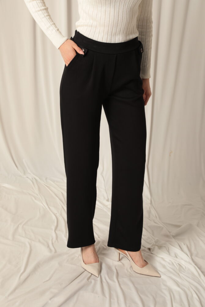 Modal Kumaş Yanları Düğmeli Pantolon - Siyah - Görsel 10