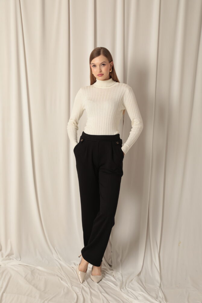 Modal Kumaş Yanları Düğmeli Pantolon - Siyah - Görsel 2