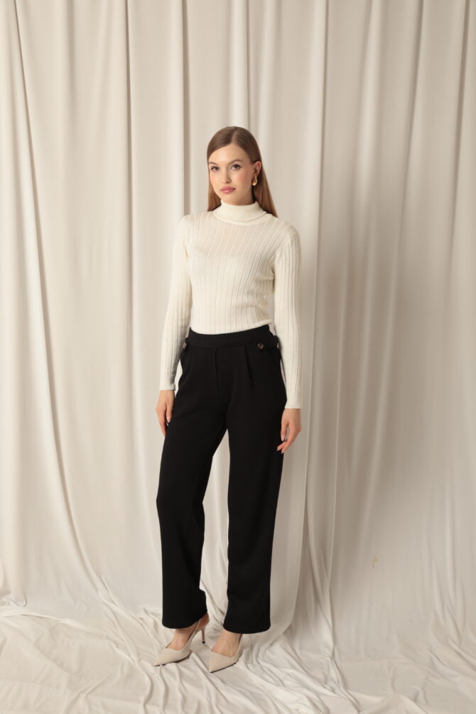 Modal Kumaş Yanları Düğmeli Pantolon - Siyah - Görsel 3