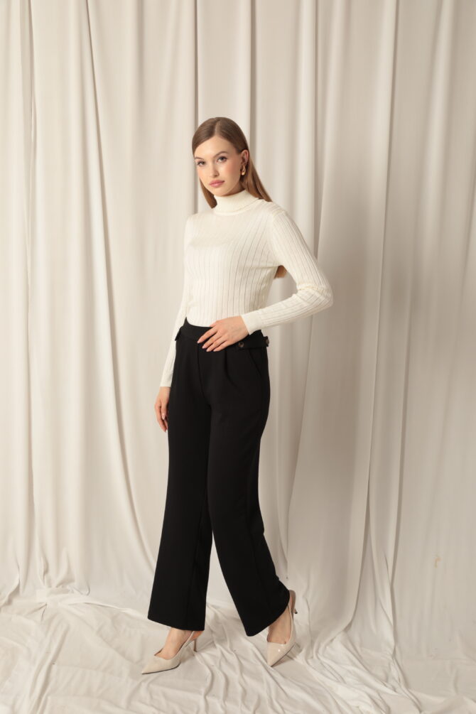 Modal Kumaş Yanları Düğmeli Pantolon - Siyah - Görsel 6