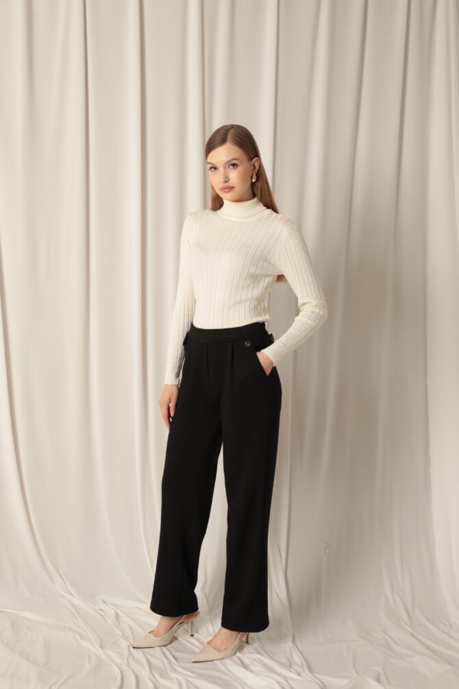 Modal Kumaş Yanları Düğmeli Pantolon - Siyah - Görsel 4