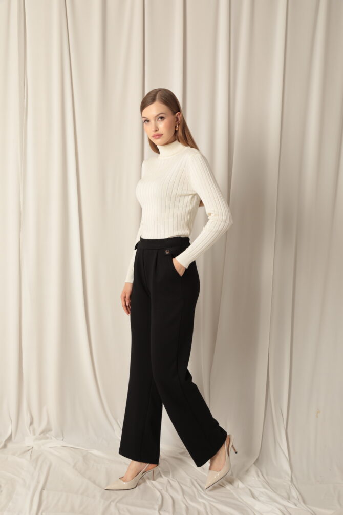 Modal Kumaş Yanları Düğmeli Pantolon - Siyah - Görsel 5