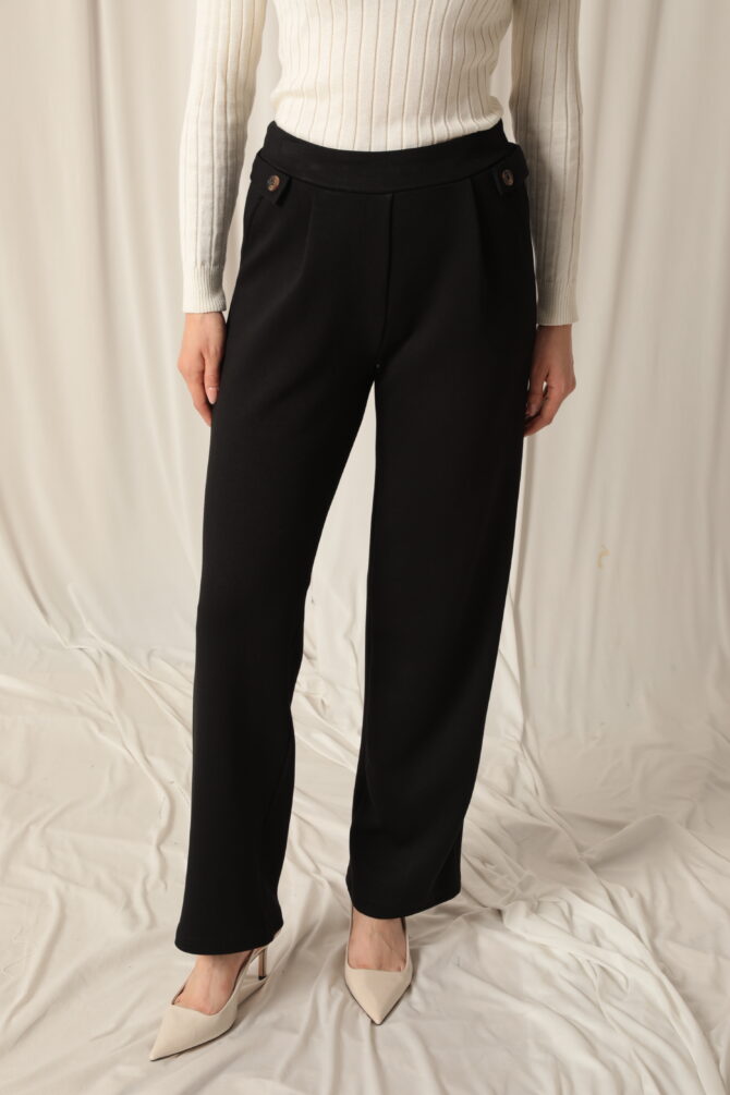 Modal Kumaş Yanları Düğmeli Pantolon - Siyah - Görsel 8