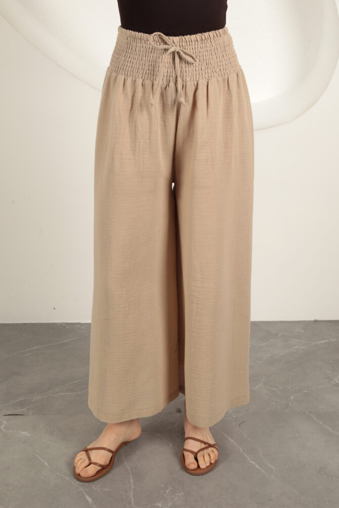 Müslin Kumaş Bol Pantolon - Bej - Görsel 5