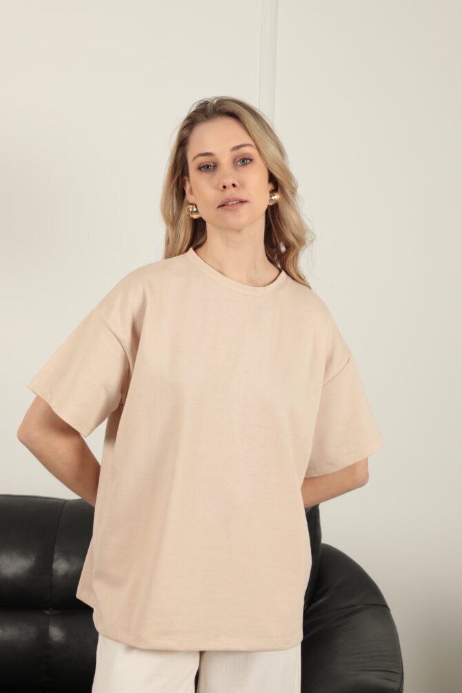 Sıfır Yaka Oversize İki İplik Tişört - Bej - Görsel 3
