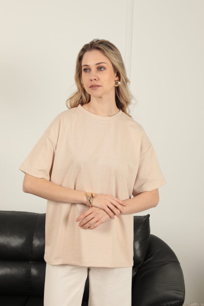 Sıfır Yaka Oversize İki İplik Tişört - Bej - Görsel 4